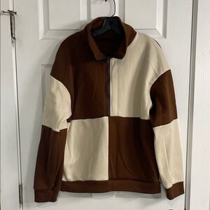 SHEIN Men's Brown and Cream Color Block Zip-Up Sweater